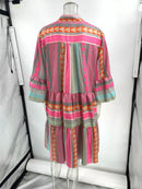 the PINK POPPY - Women Sexy V-Neck Ruffles Boho Spring Vintage Retro Print A-Line Casual 3/4 Flare Sleeve Loose Mini Dress