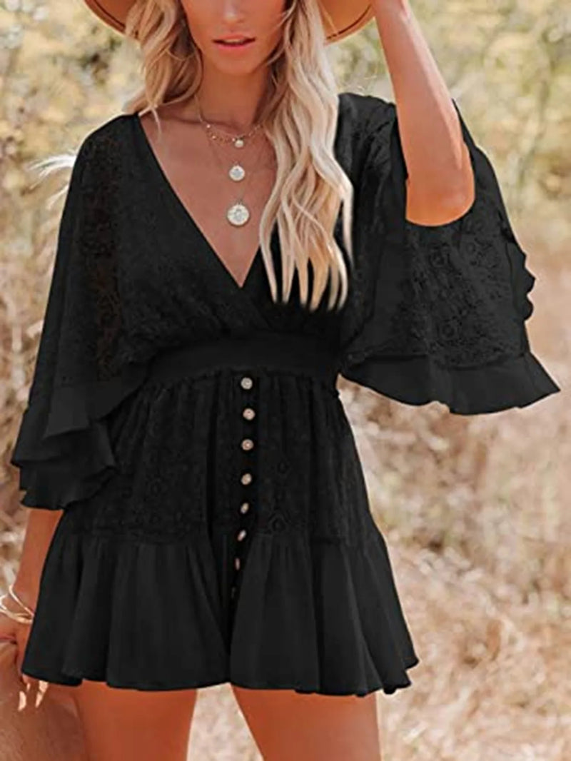 White Lace Tunic Sexy Deep V Neck Button Bikini Cover-ups Women Clothes 2025 Summer Sexy Ruffles Long Sleeves Mini Dress A1132