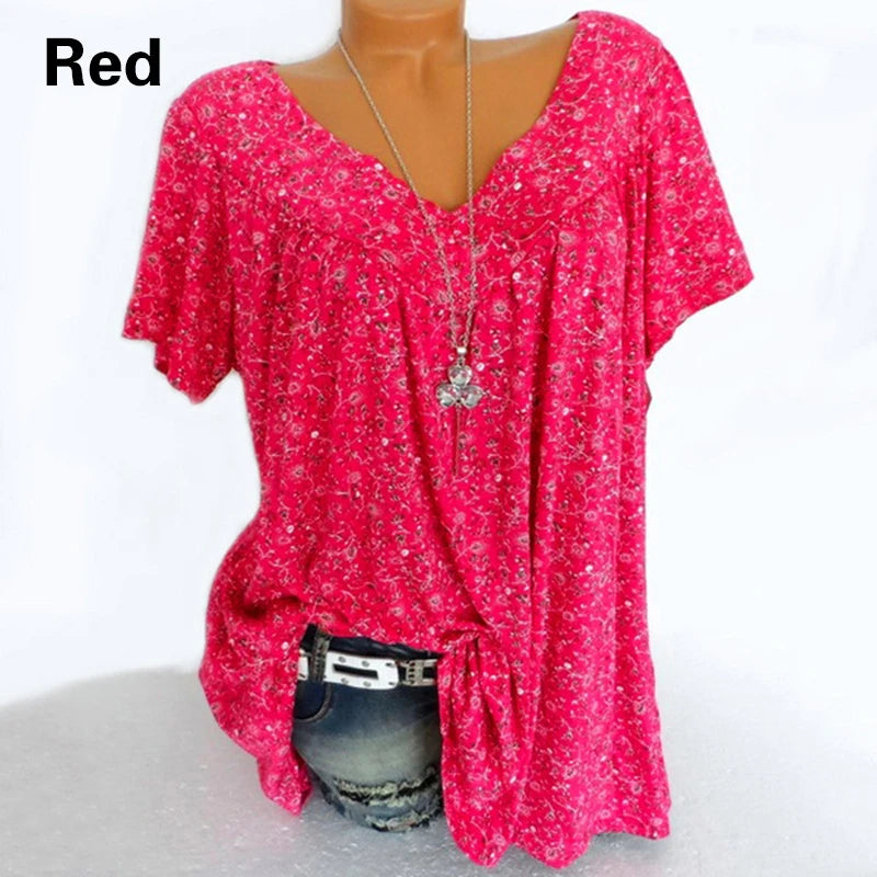 Casual Large Size V-Neck T-Shirt Tops Fashion Women T-Shirt Summer Printed Loose Bottoming Shirt