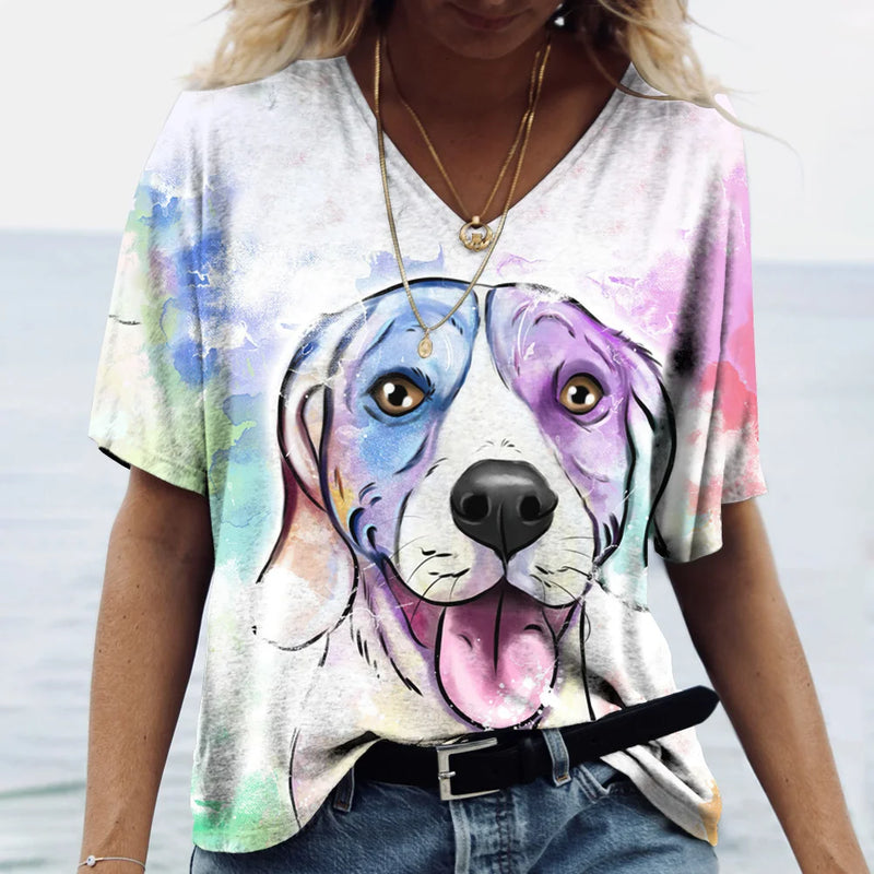 Summer New Women's V-neck Top Short Sleeve T-shirts 3D Cute Dog Print Casual Lovely Harajuku Versatile Y2K Clothes European Size