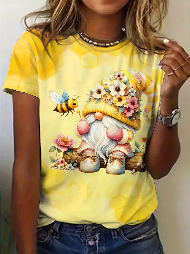 Bee Genie Gnomes Printed Womens T-shirt Comfortable Crew Neck Short Sleeves Summer Style Casual Woman Clothing