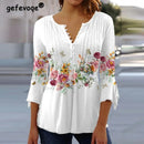 the FLOWER SHOP - Women's Vintage Floral Print Pleated Button Spring/Summer Fashion V-Neck 3/4 Sleeve Elegant Slim Blouse Tops