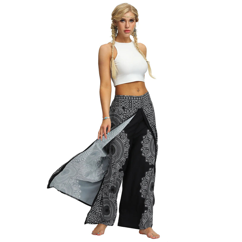 Women's Casual Soft Slit Leg Pants, Harem Dance, Beach Boho Baggy Yoga Pants, Lady Loose Wide Leg Wrap Long Pants, Summer