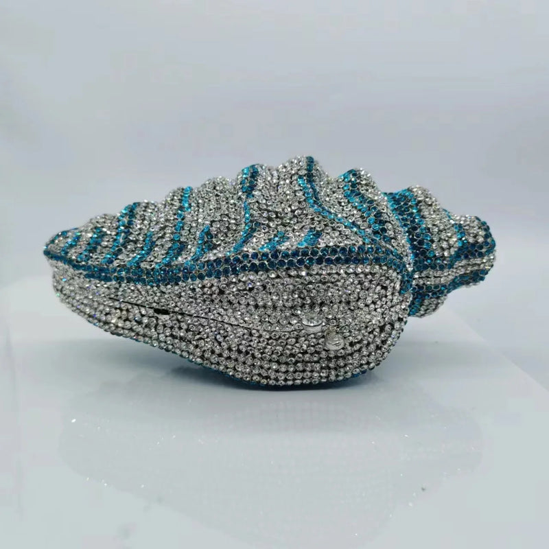 the CONCH - Lady Conch Blue/Gold Crystals Clutch Purse, Female Evening Bag, Wedding Diamond Purse/Bridal Handbag, Party Rhinestone Minaudiere