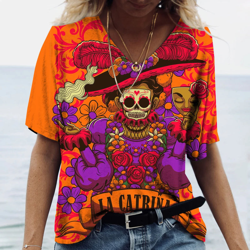 2023 Vintage Skull Face Women's T Shirt Tops V Neck Casual Cotton Short Sleeve Pullover Summer Female Harajuku Punk Streetwear