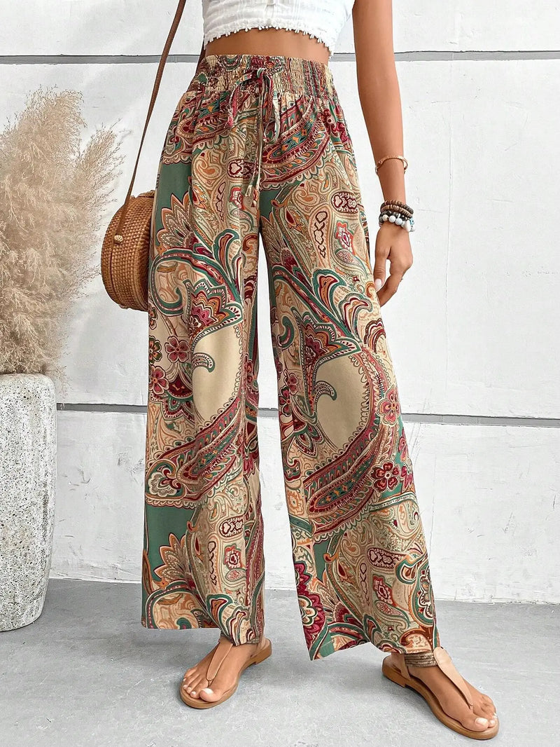 Women's Pants 2024 Summer New Fashion Versatile Printed Elastic Waist Wide Leg Pants Retro Ethnic Style Elastic Waist Trousers