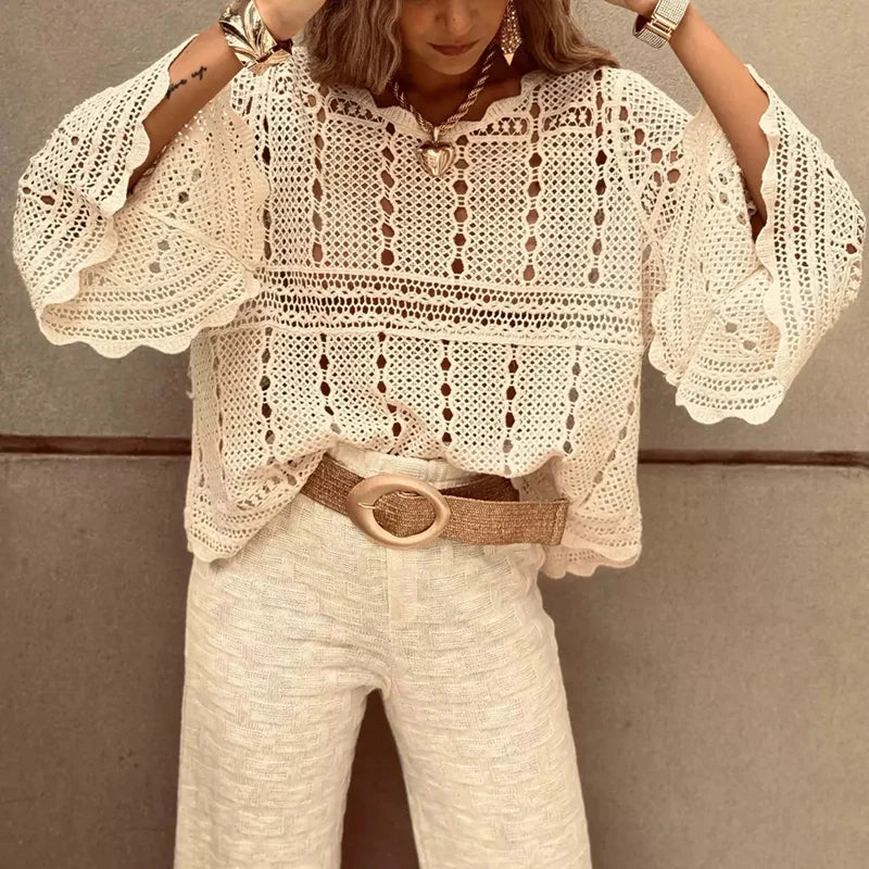 Spring Summer Lace Crochet Women's White Shirts 2024 New Hollow Out Beach Bohemian Cover Up Tees Female Long Sleeve Knitted Tops