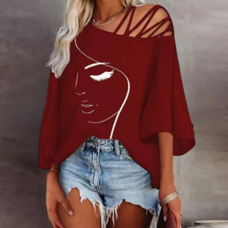 Women's Fashion Tees Casual Top 2023 Summer Print Hollow Out Female Sexy Loose T-shirt S-XXL