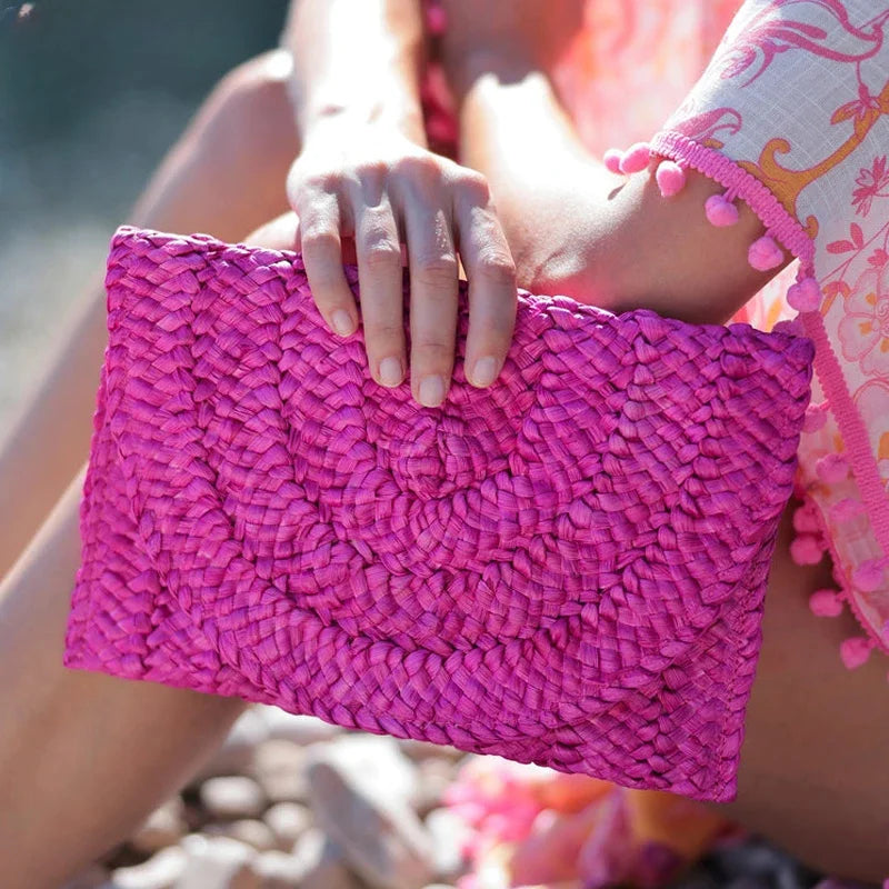 the LETTER BAG - Fashionable Corn Husk Straw Bags, Hand-Woven Women Clutch, Envelope Handbag Long Purse for Female, Summer Beach Bag