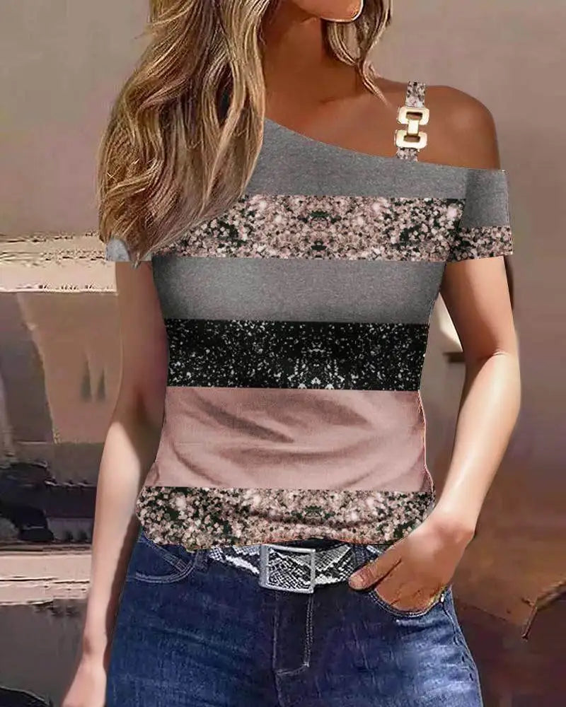 Top Women 2023 Summer Fashion Simple Metal Buckle Oblique Collar Casual Short-Sleeved Printed T-Shirt Top Y2K Clothes