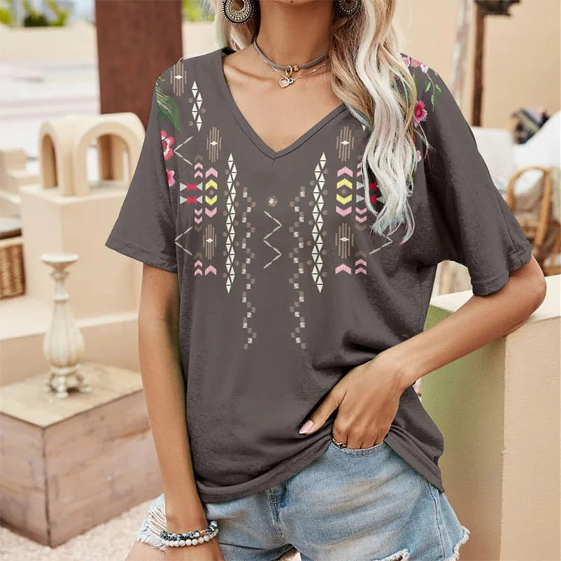 Summer T-shirt Floral Ethnic 3D Print V-Neck Tees Retro Women Tops Boho Streetwear Harajuku Oversized T Shirts Female Clothing