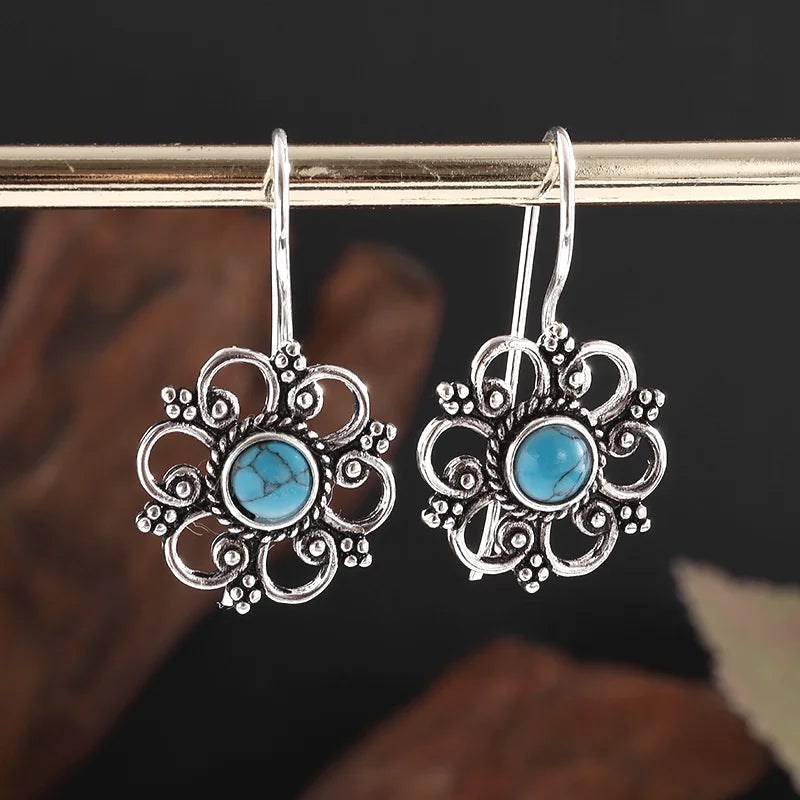 the ANTIQUE FLOWER - Beautifully Inlaid Blue Turquoise Flower Hypoallergenic Earrings for Women, Stylish Elegant Banquet Jewelry