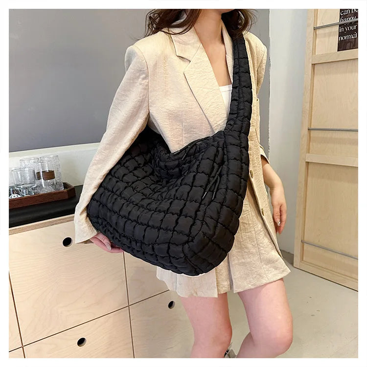 the PUFFY BOHO - Casual Ruched Hobos, Women Shoulder Bags, Quilted Padded Crossbody Bag, Large Capacity Nylon Puffer Tote Bag, Big Shopper Purses