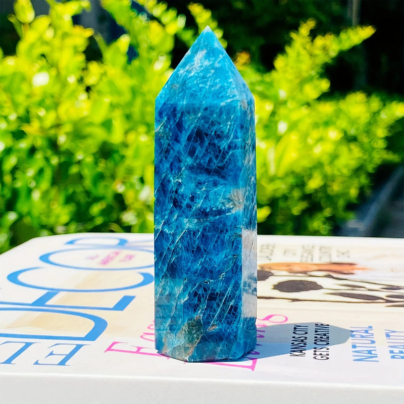 Blue Apatite Natural Crystal Tower, 6 Faceted Single Point Chakra Crystal Stone For Meditation Home Decor Collection Gift