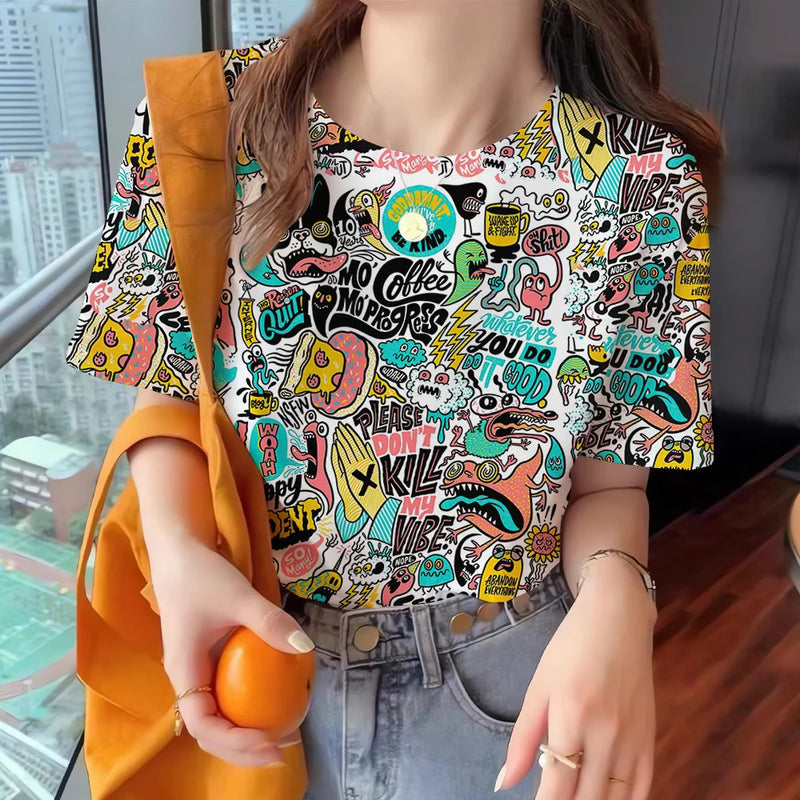 Summer Women's T Shirt Colorful Abstract Print O Neck Casual Short Sleeve Tees Female Overszied Clothing Fashion Street Pullover