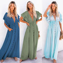 the BEACH BOHO - Summer Long Bikini Cover Ups Solid V-Neck Kimono Beach Lace Up Anti-Sun Swim Bohemian Sarong Dress for Women