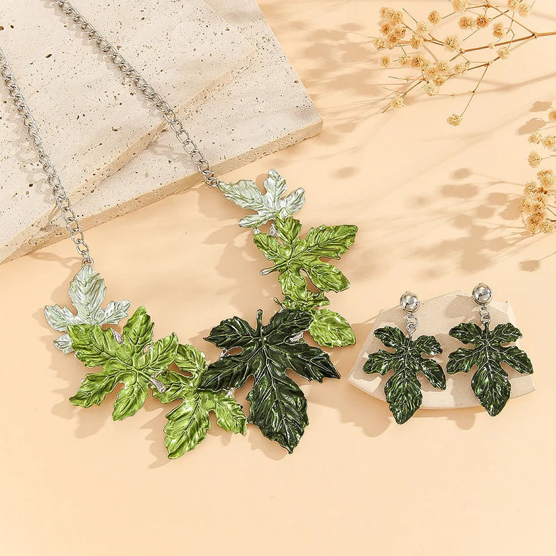 the MAPLE LEAF - Green Maple Leaf Alloy Necklace Set, Jewelry Exaggerated Leaf Necklace/Earrings