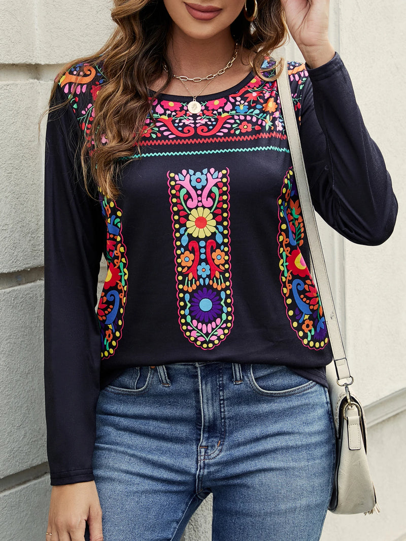 2024 Independent Station Spring/Summer New Women's Top with Bohemian Print V-neck Long sleeved T-shirt for Women