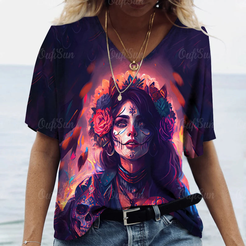 2023 Vintage Skull Face Women's T Shirt Tops V Neck Casual Cotton Short Sleeve Pullover Summer Female Harajuku Punk Streetwear