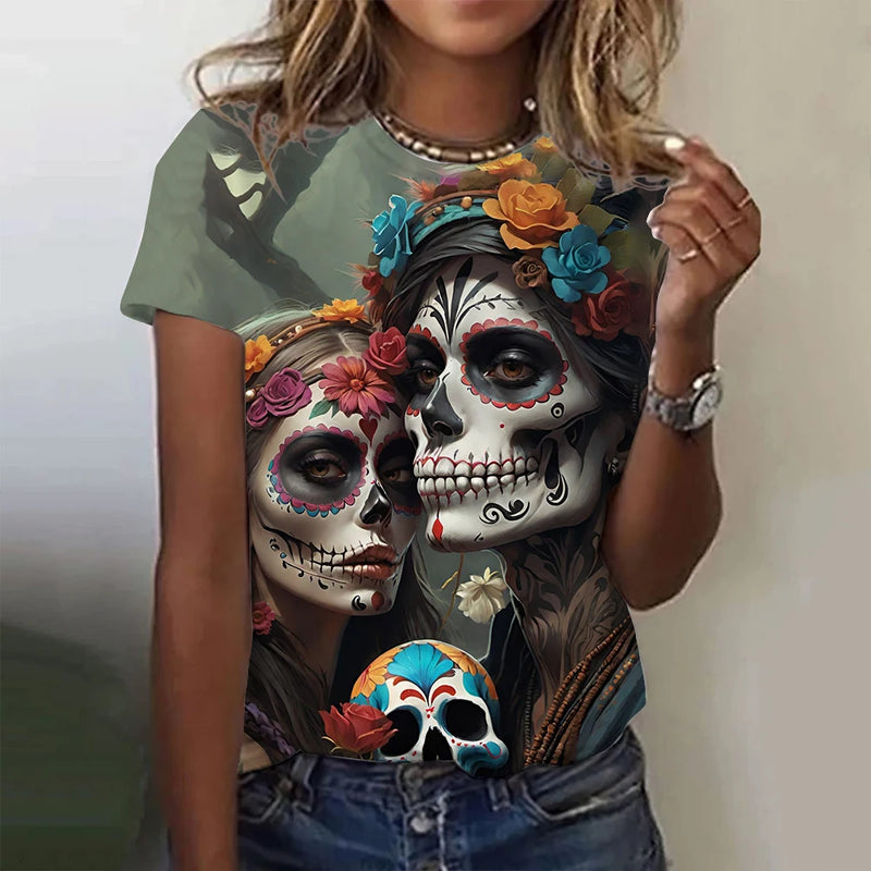 Women's T-shirt for Girls Summer Short Sleeve Casual Fashion  Sexy Girls Clothes Horror Undead Skull Pattern oversized T-shirts