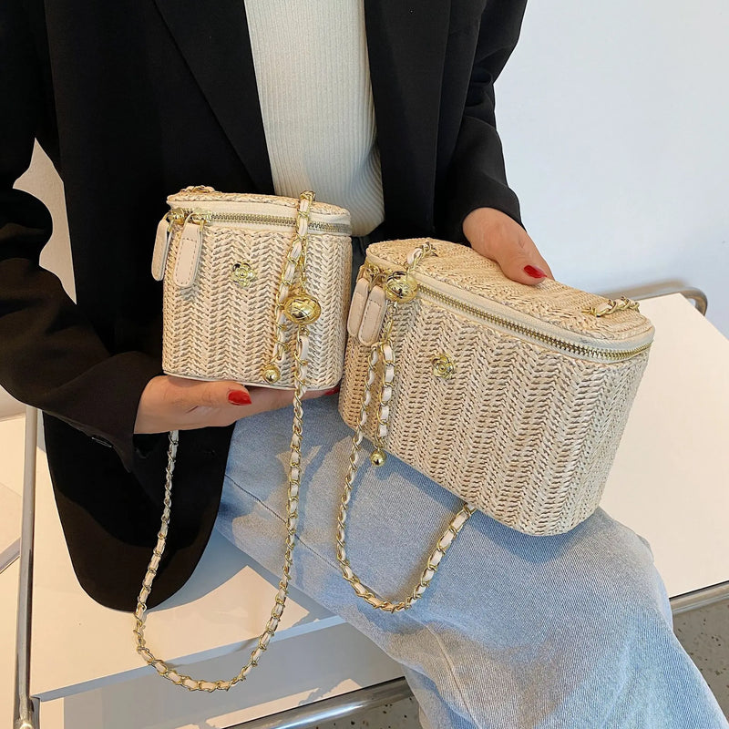 the PICNIC BOHO - Mini Straw Bucket Crossbody Bag for Women, Summer Weave Women's Brand Handbags and Purses, Fashion Chain Simple Shoulder Bags
