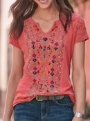 the VINTAGE BOHO - Fashion Casual V-Neck Short Sleeved Bohemian Floral Printed Blouses Loose T-Shirts