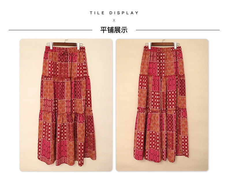 New Long Skirt Retro Skirt Loose Casual High Waist Skirt Bohemian Style Patchwork Pleated Pocket Skirt