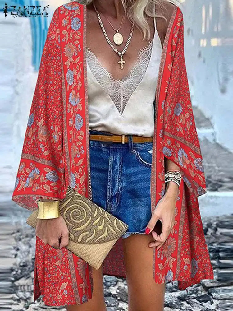 the BOHO CARDIGAN - Vintage Bohemian Floral Printed Summer Beach Long Sleeve Kimono Cardigan Open Up Cover Top