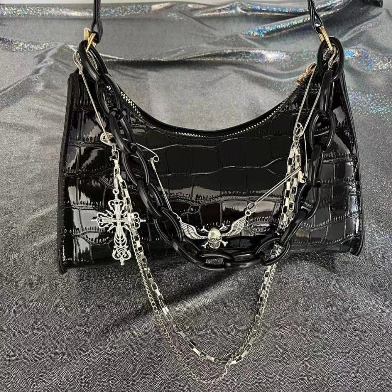 the VAMP GIRL - Retro Women's Underarm Bag, Trend Gothic Skull Chains Handbags and Purse, High Street Punk Cross Shoulder Bags