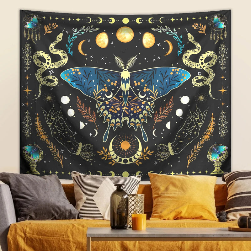 the MOTHMAN - 1PC Butterfly Moon Tapestry, Bohemian Tapestry, Aesthetic Moth Snake Tapestry, Retro Plant Starry Sky Tapestry