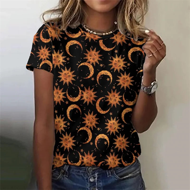 3D Printed Sun Stars Moon T Shirt For Women Starlit Sky Graphic Tees Summer Casual Loose T-Shirts Round Neck Tops Short Sleeves