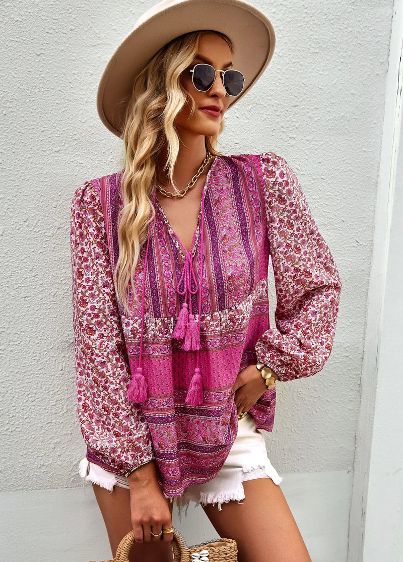 Boho lnspired Pink Floral Blouse Women V-neck Tassel Long Sleeve Bohemian Women Tops New Summer Fashion  Blouse Shirt For Women