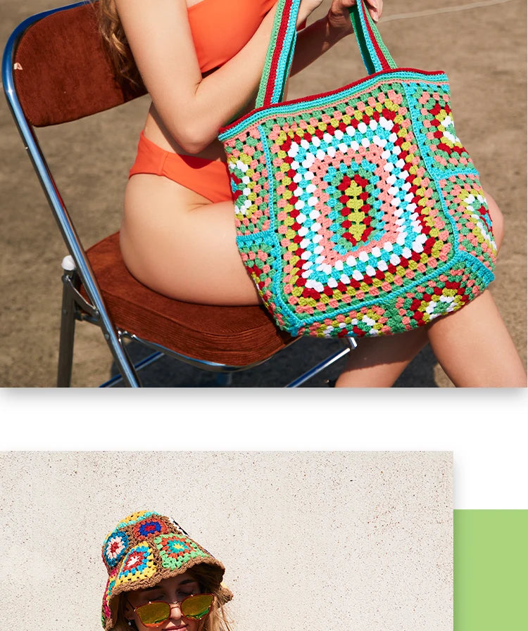 the CANCUN BOHO - Bohemian Crochet Women Shoulder Bags, Knitting Large Capacity Tote Bag, Casual Lady Handbags, Big Shopper Purses/Summer Beach Bags