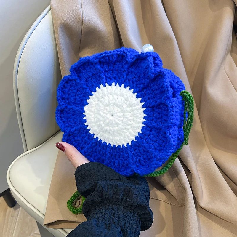 the KNITTED FLOWER - New Fashion Sunflower Pattern Women's Mini Knitted Handbag, Female Woven Shopper Purse, Lovely Design Chain Shoulder Crossbody Bag