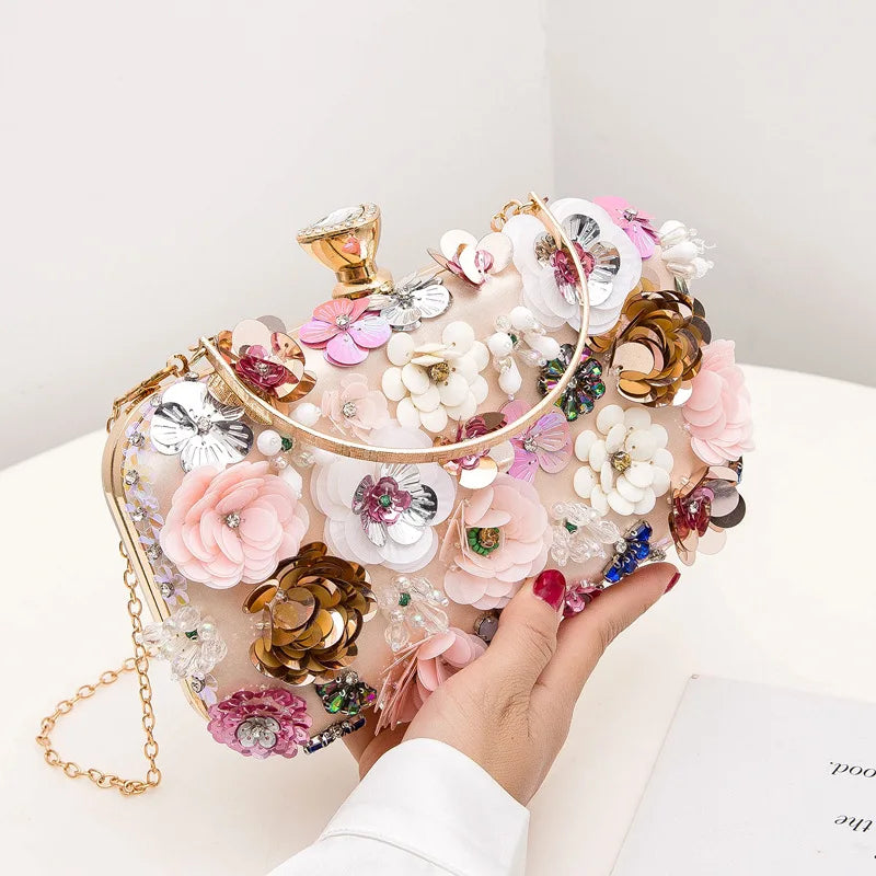 the FLOWER SHOP - Fashion Women Bags, Flower Diamonds Embroidery Small Clutch, Luxury Lady Handbags, Evening Bags, New Arrival Chain Shoulder Purse