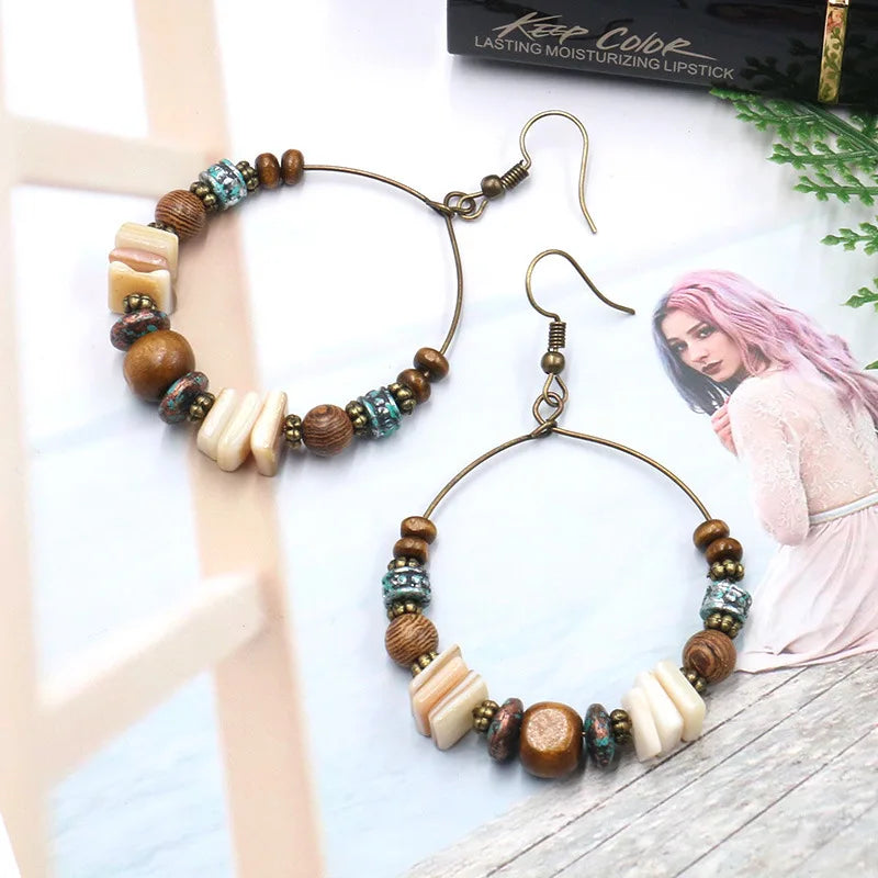 the STONE HEDGE - Shell Wood Beads Large Handmade Beaded Earrings, Fashion Women's Jewelry Valentine's Day/Wedding/Anniversary/Birthday Gift