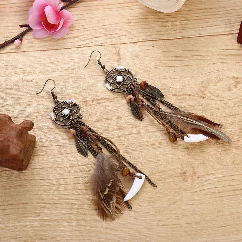 the DREAM CATCHER - Boho Tribal Vintage Dream Catcher Feather Leaf Long Tassel Dangling Earrings for Women