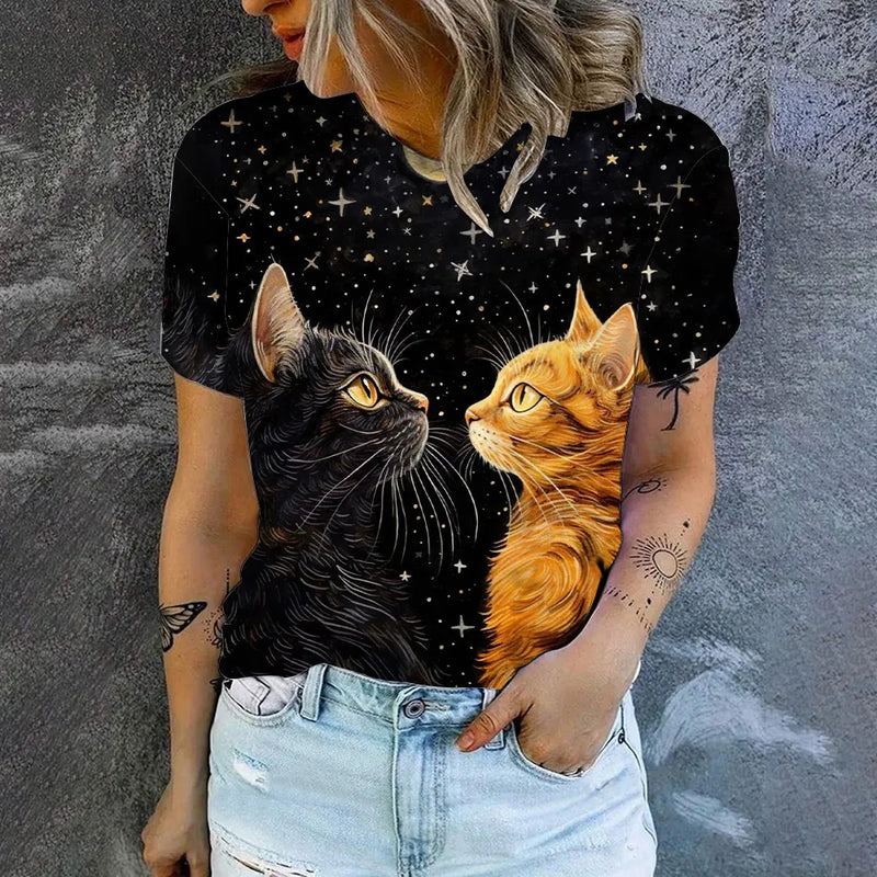 Summer Sports Breathable Cat Print T-shirt Casual Comfortable Loose O-neck T-shirt High Quality Elegant Fashion Women's T-shirt