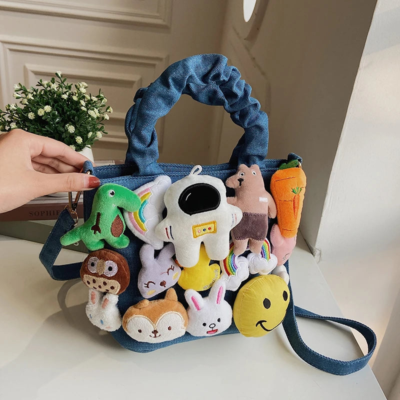 the DOLLY LLAMA - Cute Dolls Design Bucket Shoulder Crossbody Bags, Fashion Denim Cartoon Toy Decoration Tote Handbags for Women