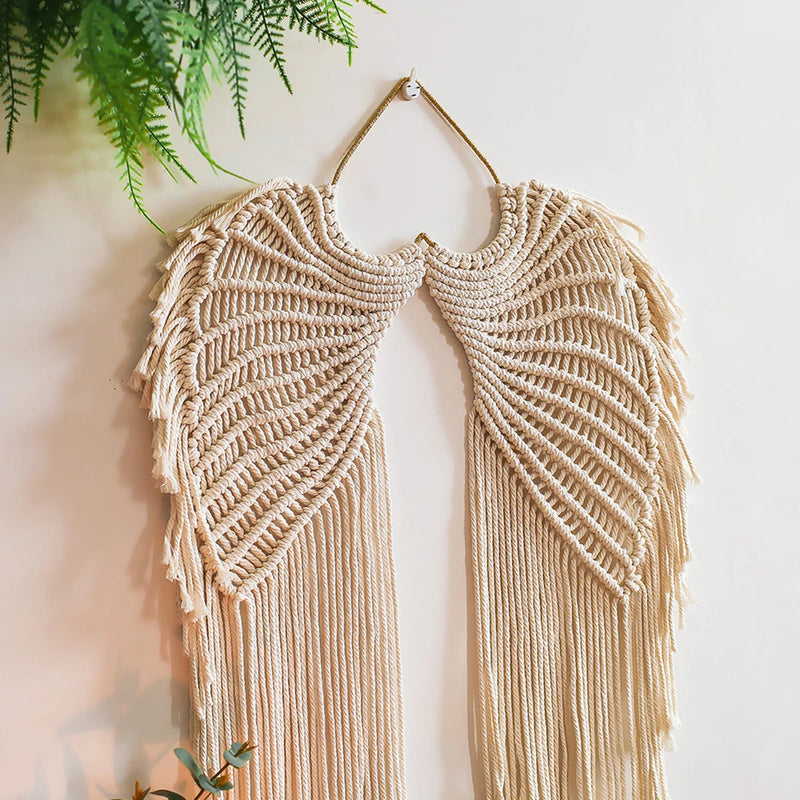 the ANGELIC WINGS - Angel Wing Hanging Tapestry, Cotton Angel Wings Tapestry with Long Tassels, Woven Macrame Tapestry Wall Hanging Decor Rustic Art