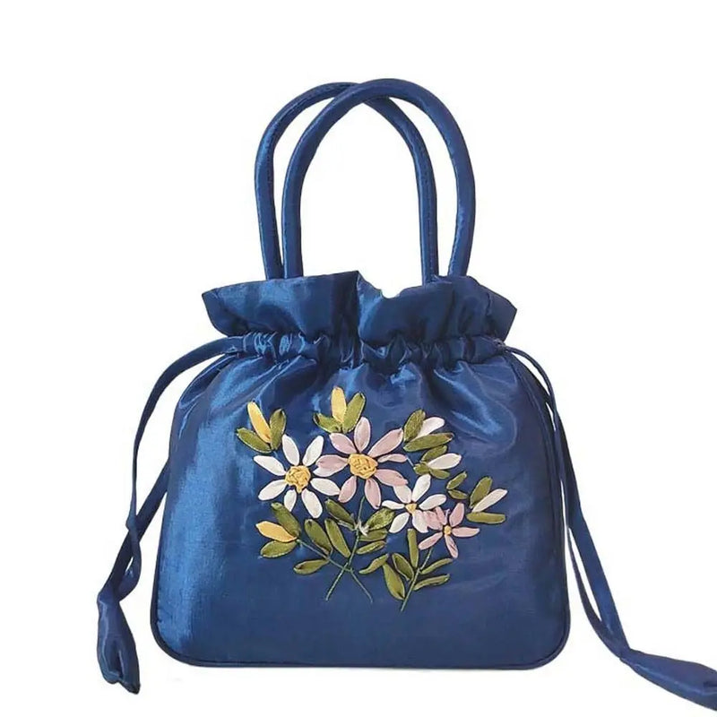 the SATCHEL - Retro Elegant Satin Silk Embroidery Totes for Women, Floral Drawstring Handbag, Woman Purse/Wallet Small Tote Bags