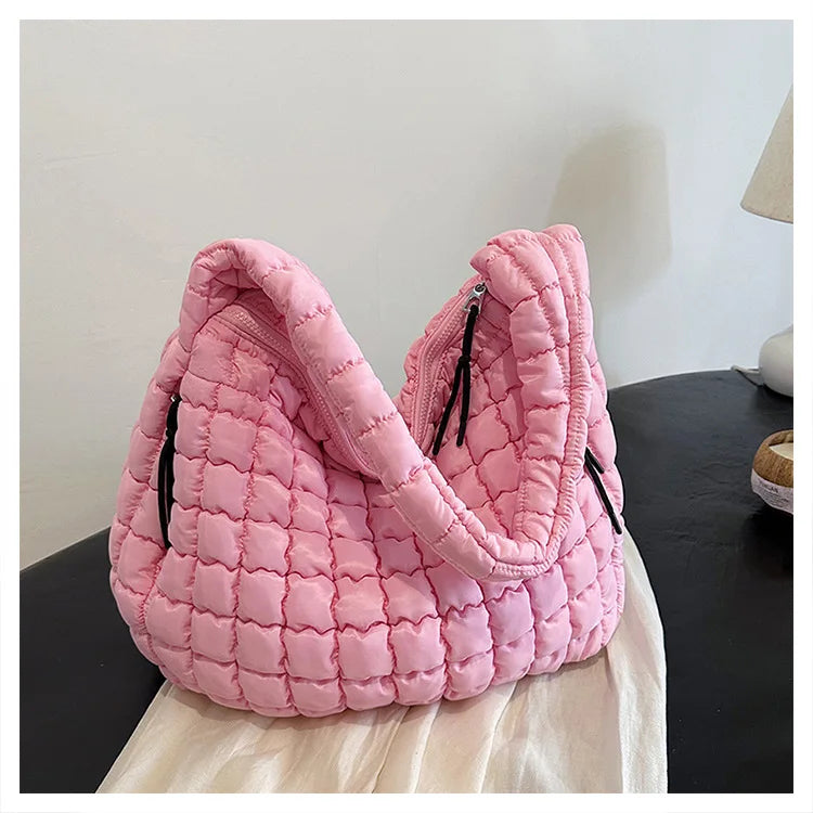 the PUFFY BOHO - Casual Ruched Hobos, Women Shoulder Bags, Quilted Padded Crossbody Bag, Large Capacity Nylon Puffer Tote Bag, Big Shopper Purses