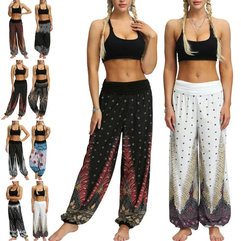 Women Trousers Loose Wide Leg Pants Pants Elastic Waist Bohemian Woman Feather/Flower Print Baggy Harem Pantalon Femme