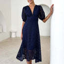the BROCADE BOHO - Elegant Summer Hollow Out Slim Beach Long Lace Maxi Dress V Neck Puff Sleeve High Waist Dress