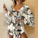 the RESORT BOHO - Women Print Dress Sexy V-Neck Bat Sleeve Ruffle Flowers Print Bohemian Beach Loose Summer Vacation Mini Dresses