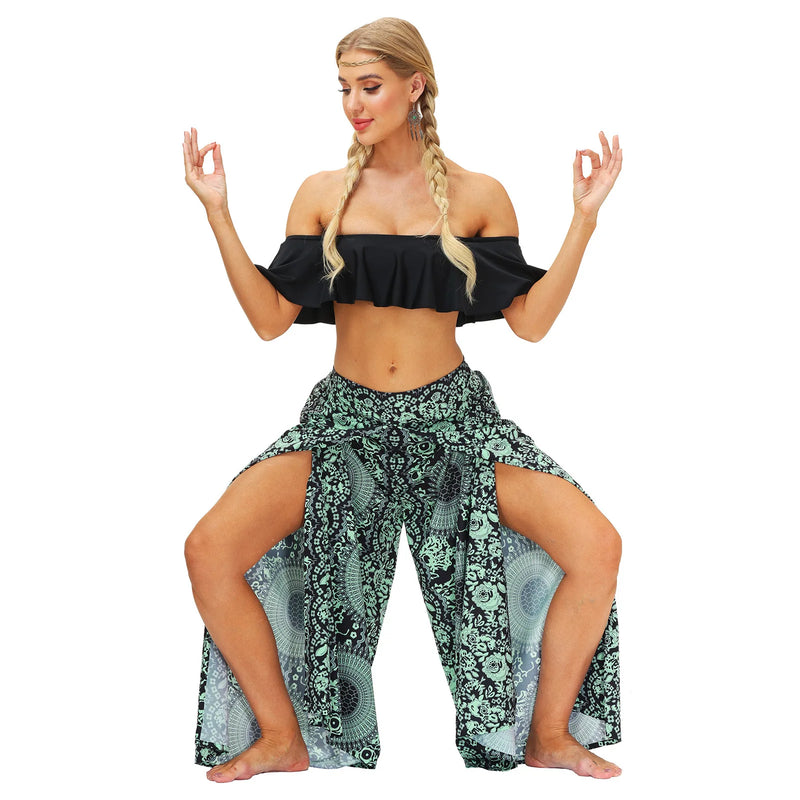 Women's Casual Soft Slit Leg Pants, Harem Dance, Beach Boho Baggy Yoga Pants, Lady Loose Wide Leg Wrap Long Pants, Summer