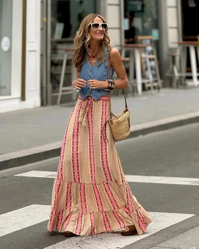 Boho Women Long Floral Skirts Summer Autumn Loose Casual Skirt Fashion Elastic Waist Big Hem Long Beach Skirt Women Clothes