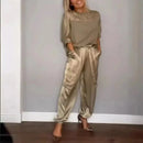 the CLASSY BOHO - Elegant Smooth Satin Set Smooth Half Sleeve Shirt Casual Pants Two-Piece Set for Women