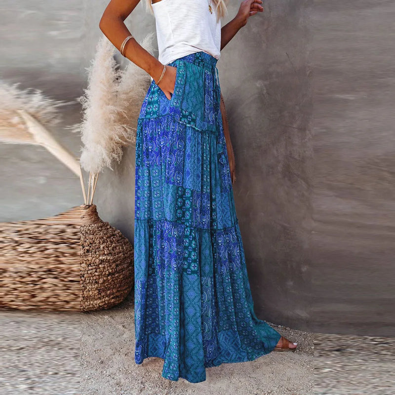 New Long Skirt Retro Skirt Loose Casual High Waist Skirt Bohemian Style Patchwork Pleated Pocket Skirt