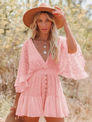 the MINI BOHO - Lace Tunic Sexy Deep V-Neck Button Bikini Cover-Ups Summer Sexy Ruffles Long Sleeves Mini Dresses